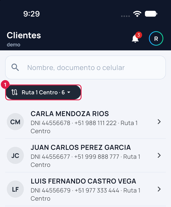 Pestaña Clientes de la app Credibox con el filtro de ruta y su número de clientes señalado