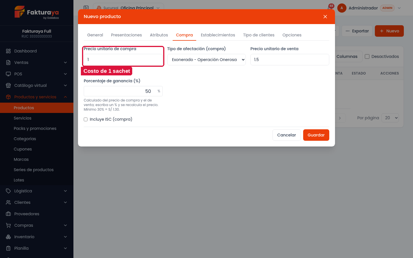 Pestaña Compra: precio de compra por unidad