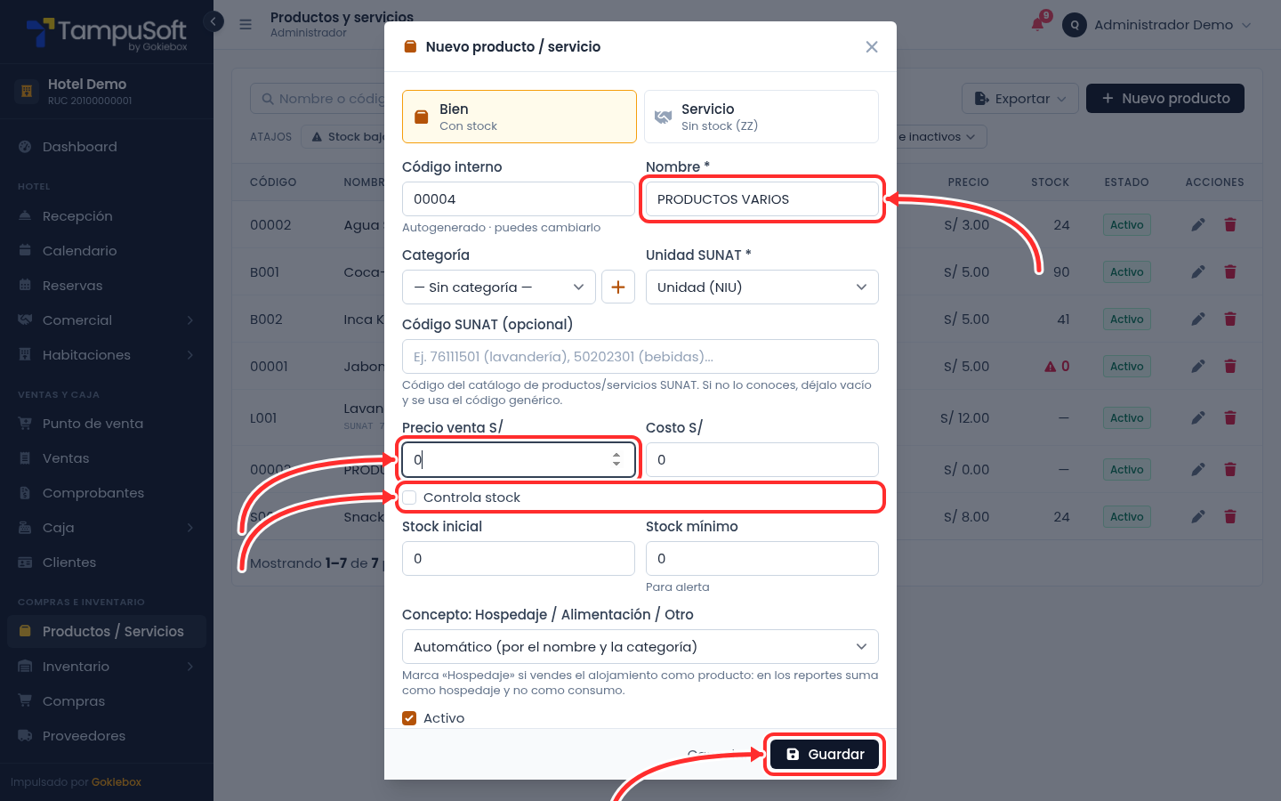 Producto comodín PRODUCTOS VARIOS con precio 0 y sin control de stock