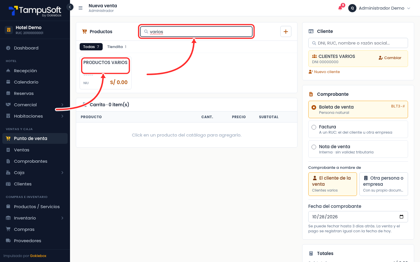 Buscar el producto comodín en el Punto de venta