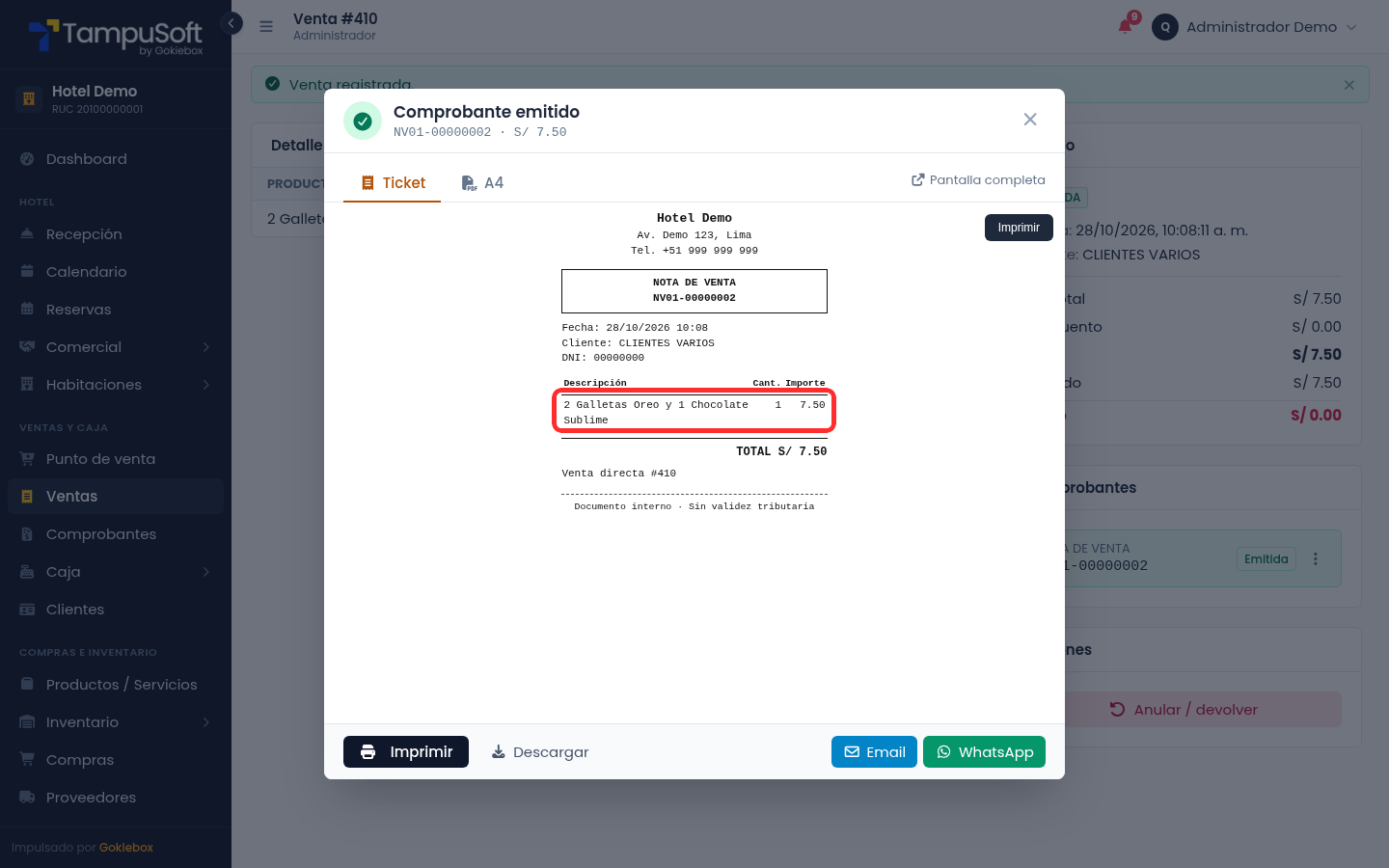 Ticket con la descripción personalizada del producto