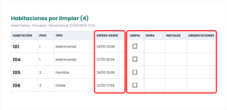 Hoja de habitaciones por limpiar en PDF