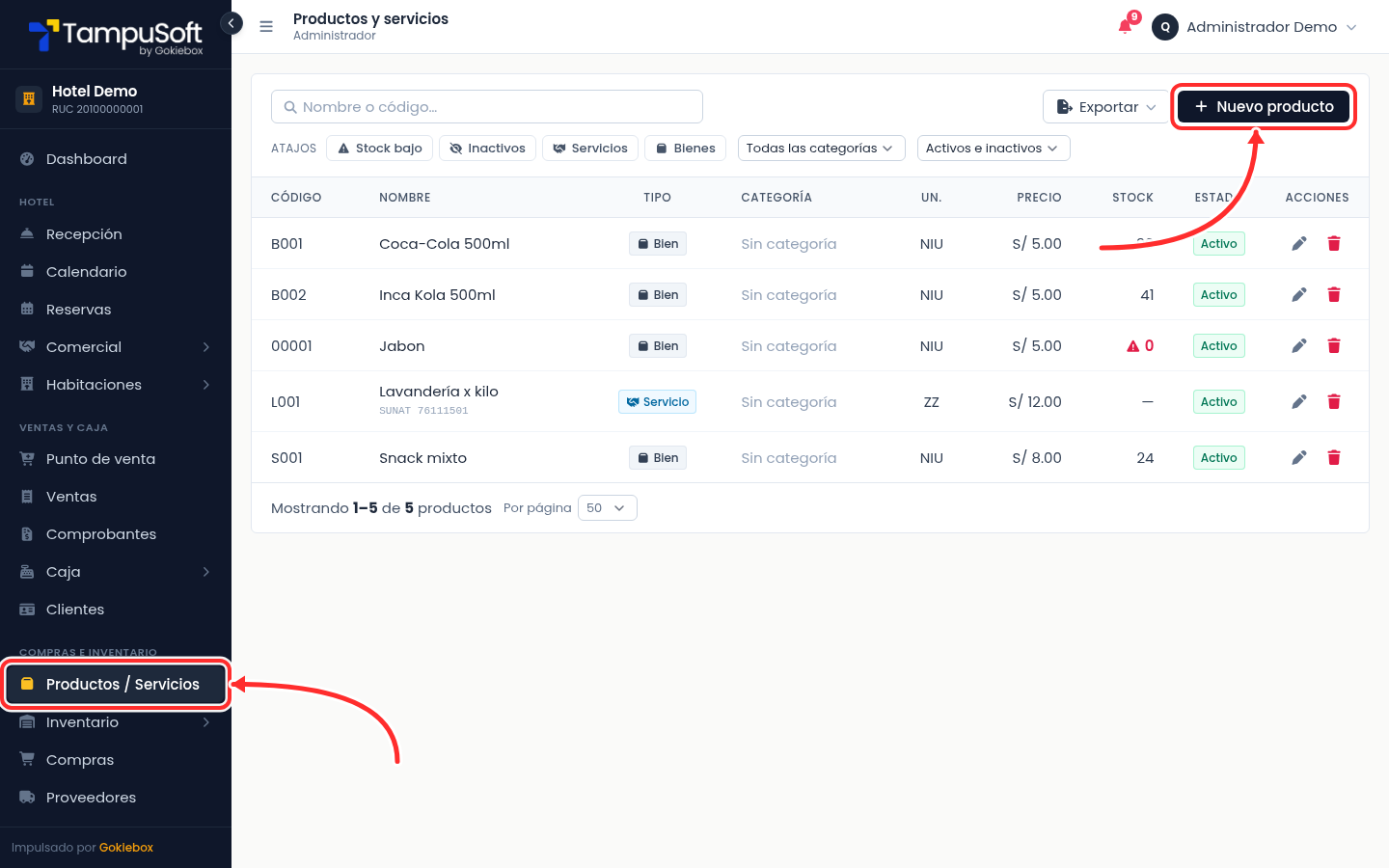 Menú Productos / Servicios y botón Nuevo producto en TampuSoft