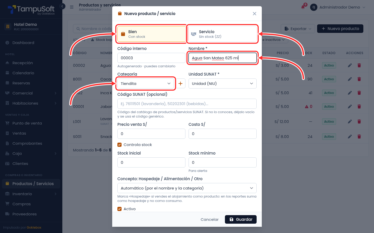 Tipo Bien o Servicio, nombre y categoría del producto