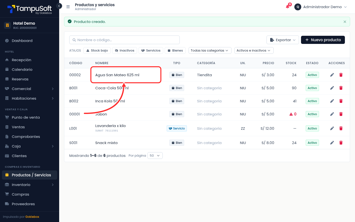 Producto nuevo en la lista de Productos y servicios