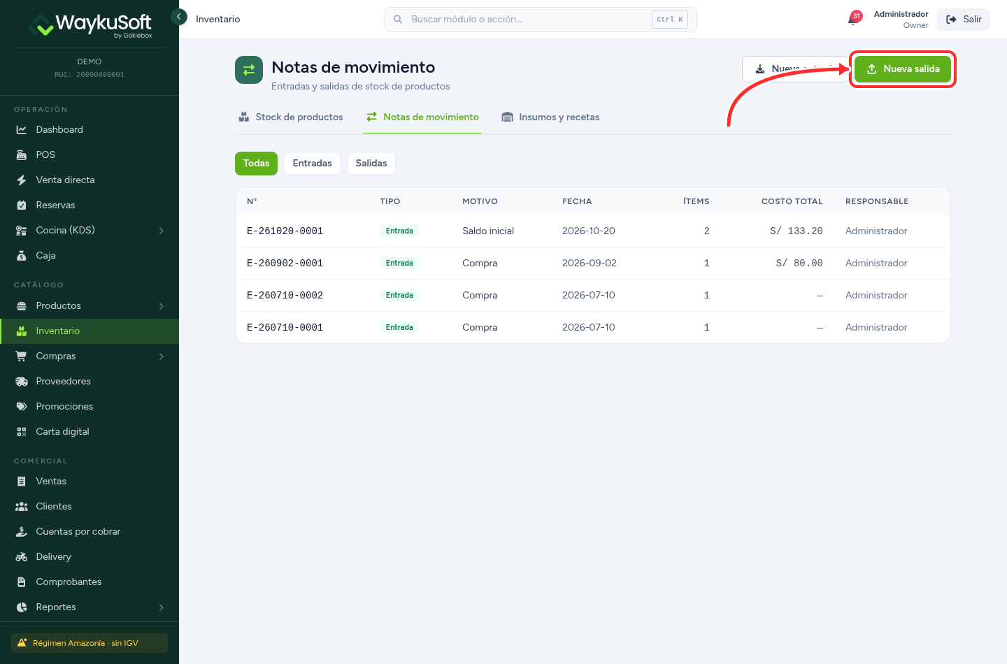 Pantalla Notas de movimiento del Inventario con el botón Nueva salida señalado