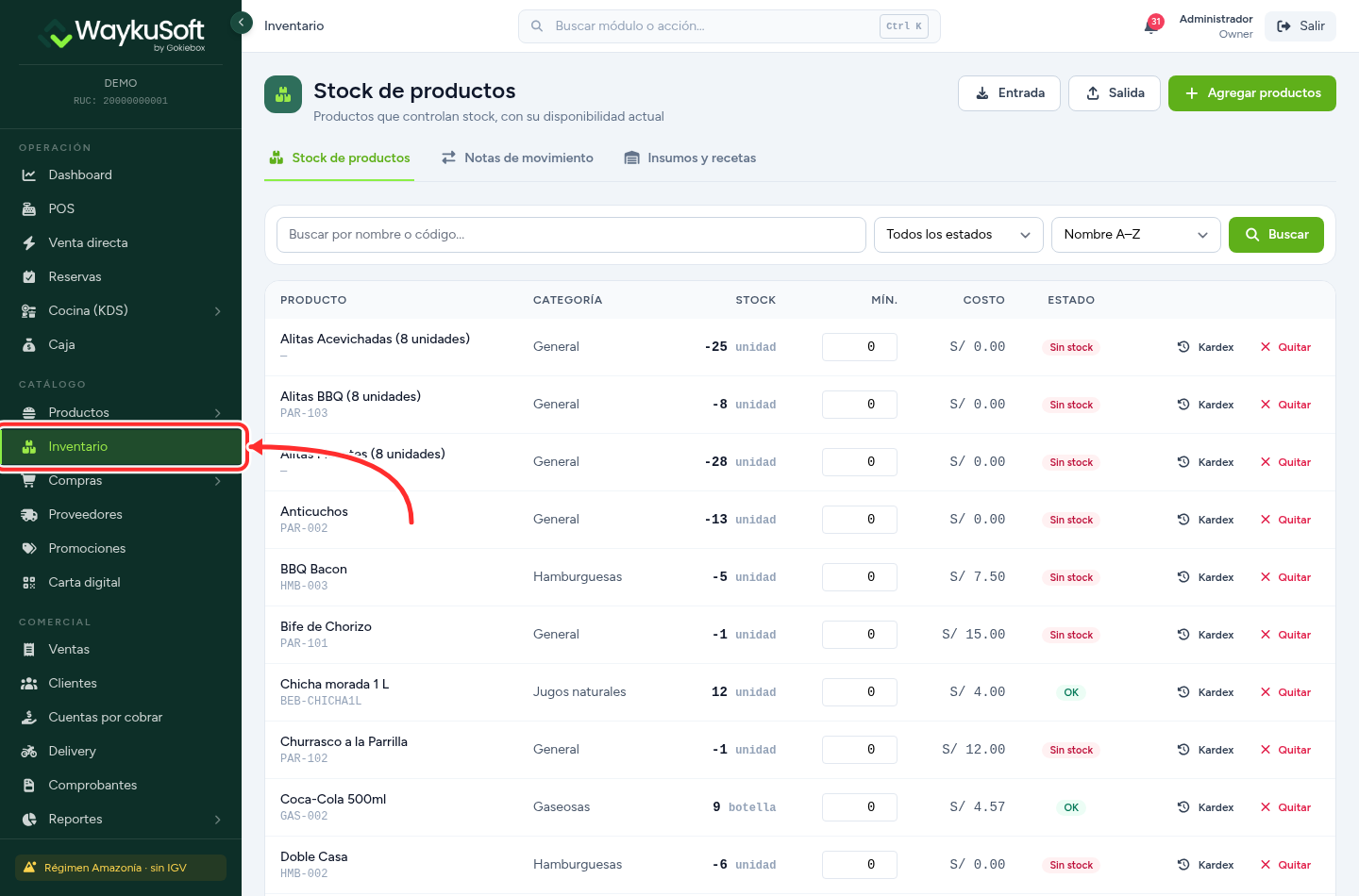Menú lateral de WaykuSoft con la opción Inventario señalada y la pantalla Stock de productos abierta