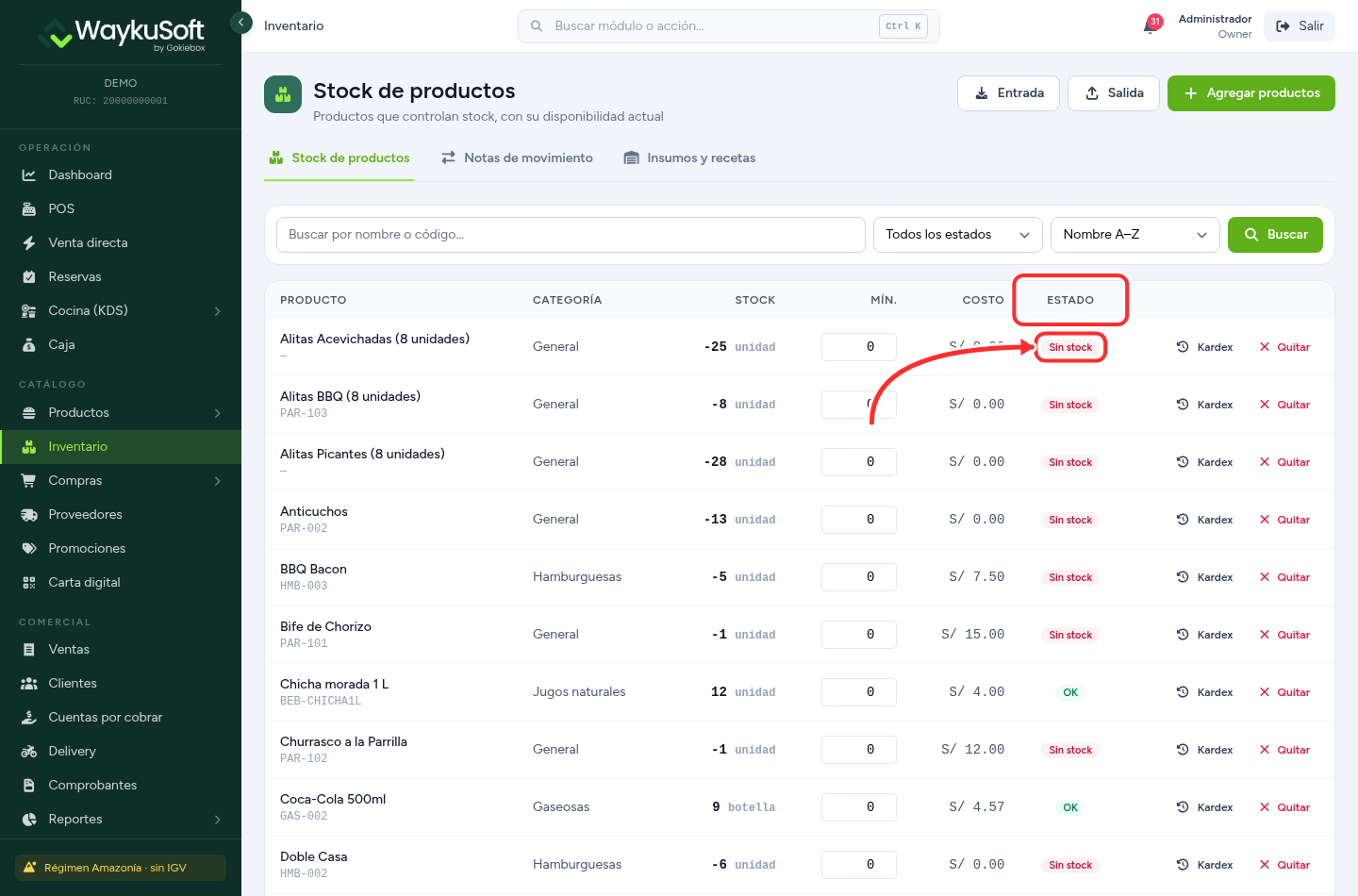 Lista de stock de productos con la columna Estado resaltada y una etiqueta Sin stock señalada con una flecha